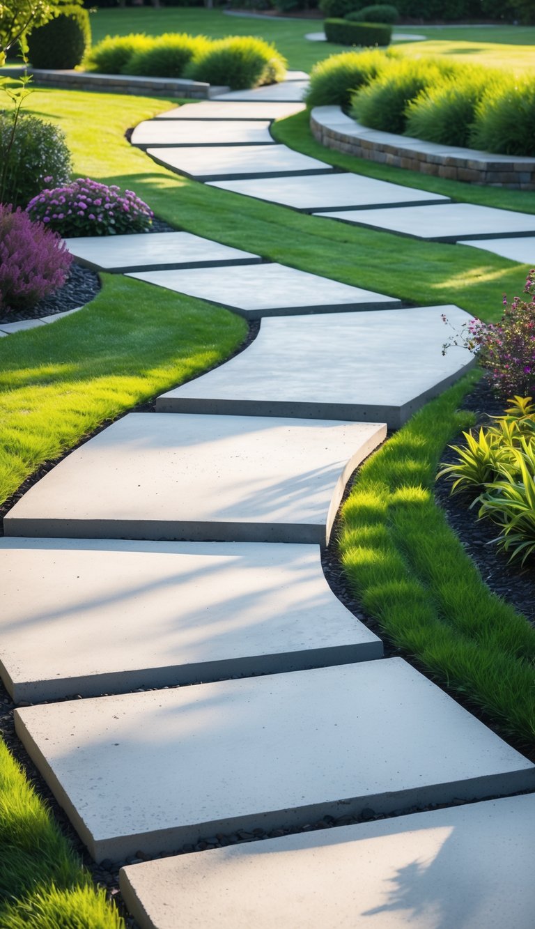 A garden with several concrete slab pathways surrounded by green grass and colorful plants.